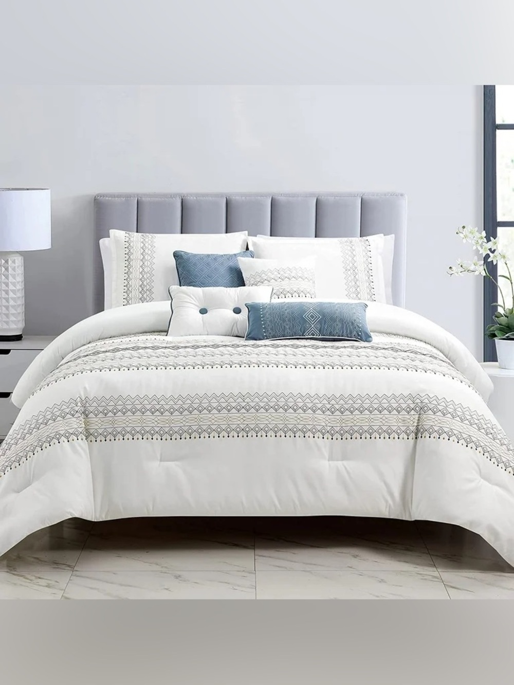 Embroidered Geo Pattern White and Blue 7 piece queen Comforter Set